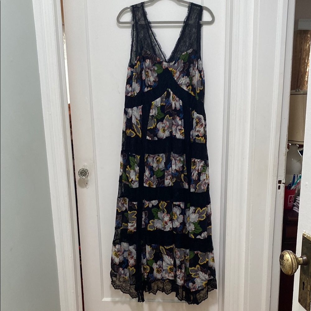 Anthropologie Navy and Yellow Floral Maxi Dress